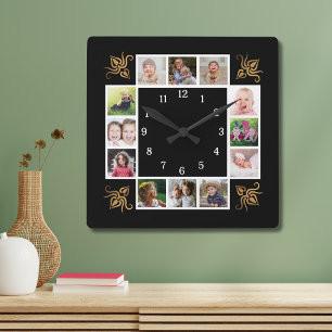 12 Photo Collage Create Your Own Gold Black Square Wall Clock