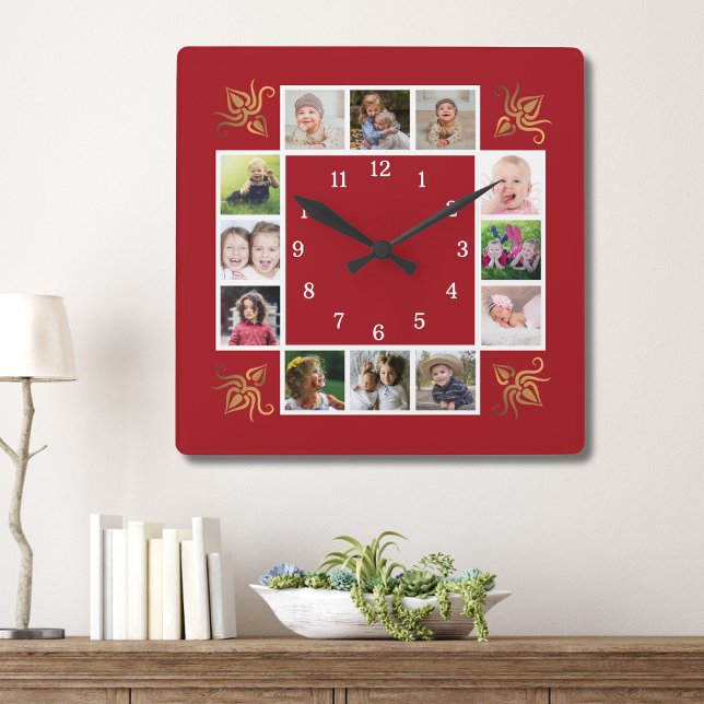 12 Photo Collage Create Your Own Gold Red Square Wall Clock (Creator Uploaded)
