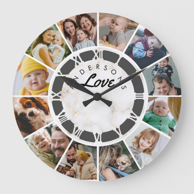 12 Photo Collage Custom Family Love Large Clock (Front)