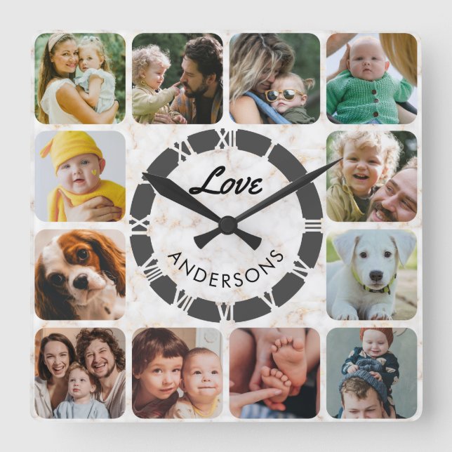 12 Photo Collage Custom Family Love Square Wall Cl Square Wall Clock (Front)