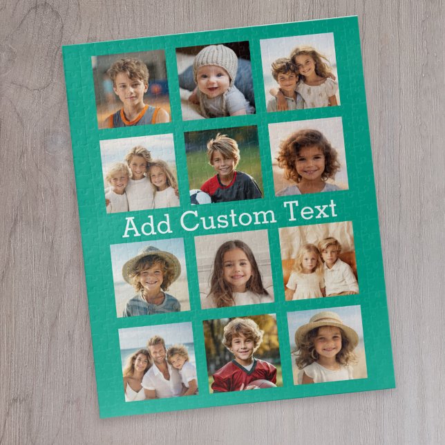 12 Photo Collage - Emerald Green and Custom Text Jigsaw Puzzle (12 photo personalized puzzle)
