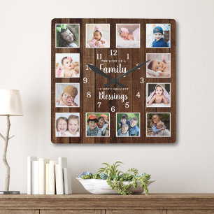 12 Photo Collage Family Blessings Quote Dark Wood Square Wall Clock