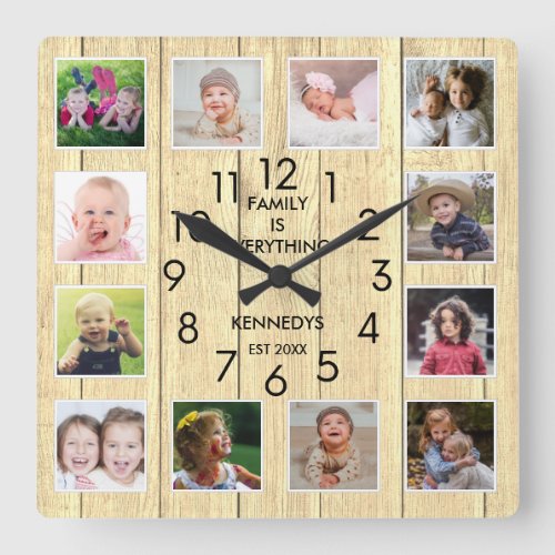 12 Photo Collage Family Is Everything Quote Wood Square Wall Clock