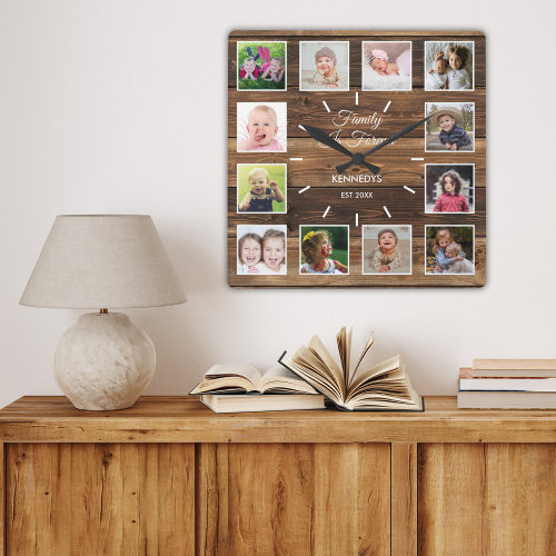 12 Photo Collage Family Is Forever Rustic Wood Square Wall Clock