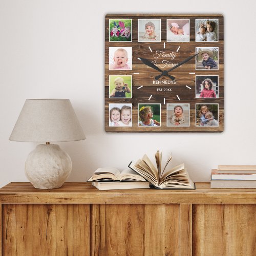  12 Photo Collage Family Is Forever Rustic Wood Square Wall Clock