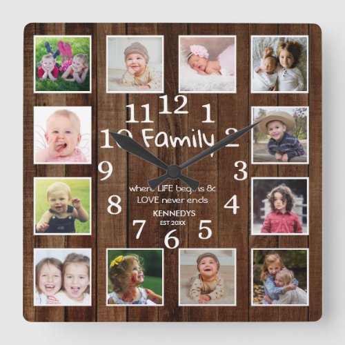 12 Photo Collage Family Love Quote Pallet Wood   Square Wall Clock