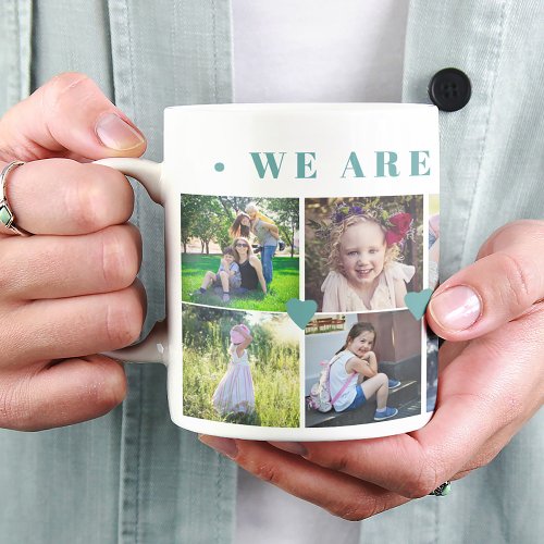 12 photo collage family name and green hearts coffee mug