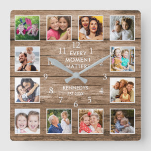 12 Photo Collage Family Name Moment Reclaimed Wood Square Wall Clock
