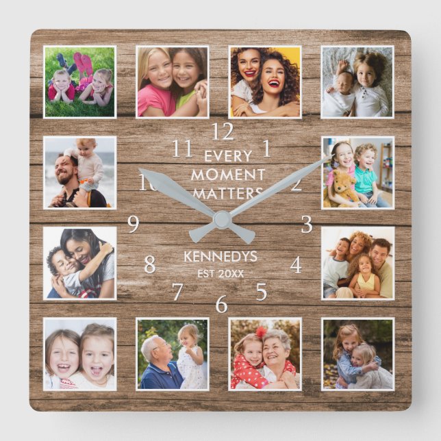 12 Photo Collage Family Name Moment Reclaimed Wood Square Wall Clock (Front)