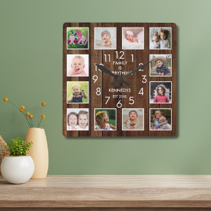 12 Photo Collage Family Name Personalized Wood Square Wall Clock