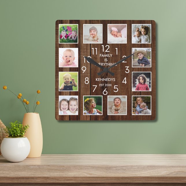 12 Photo Collage Family Name Personalized Wood Square Wall Clock (Creator Uploaded)