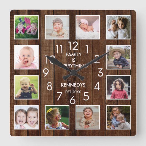12 Photo Collage Family Name Personalized Wood Square Wall Clock