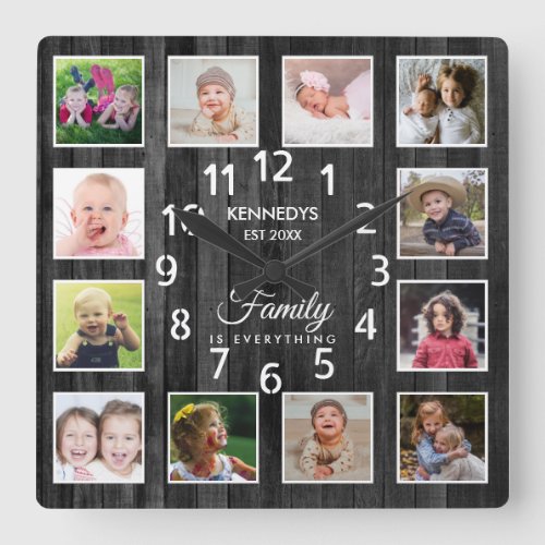 12 Photo Collage Family Name Quote Black Wood Square Wall Clock