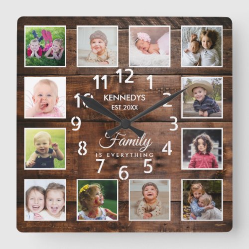 12 Photo Collage Family Name Quote Dark Wood     Square Wall Clock