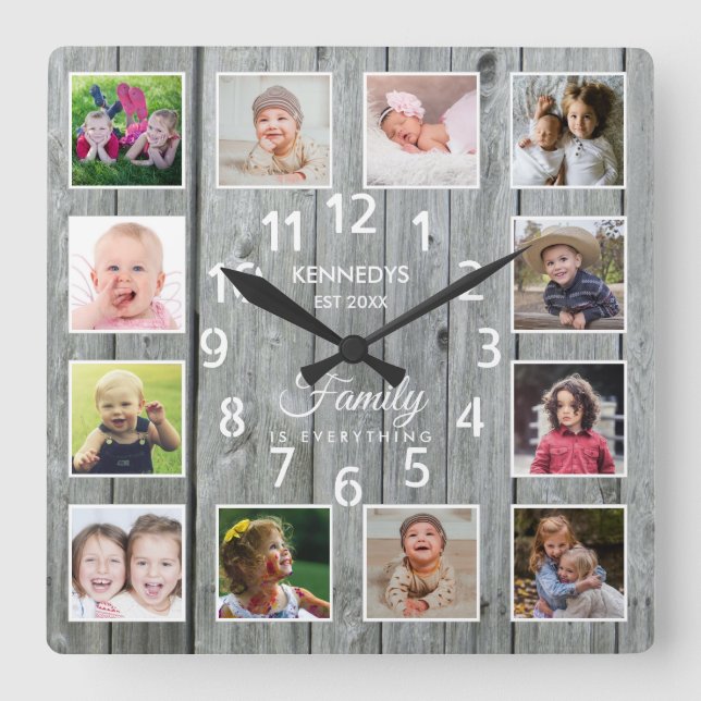 12 Photo Collage Family Name Quote Gray Wood   Square Wall Clock (Front)