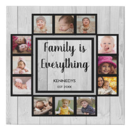 12 Photo Collage Family Name Quote Rustic Wood Faux Canvas Print