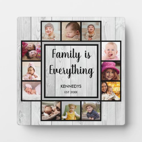 12 Photo Collage Family Name Quote Rustic Wood Plaque
