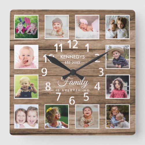 12 Photo Collage Family Name Quote Rustic Wood     Square Wall Clock