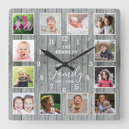 12 Photo Collage Family Name  Rustic Gray Wood Square Wall Clock