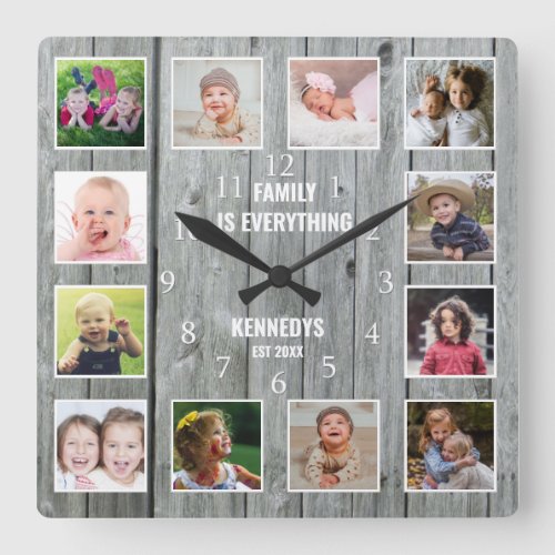 12 Photo Collage Family Name Rustic Gray Wood Square Wall Clock