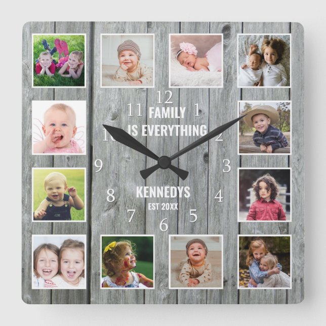 12 Photo Collage Family Name Rustic Gray Wood Square Wall Clock (Front)