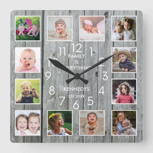 12 Photo Collage Family  Name Rustic Gray Wood  Square Wall Clock