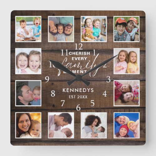 12 Photo Collage Family Quote Dark Brown Wood Square Wall Clock