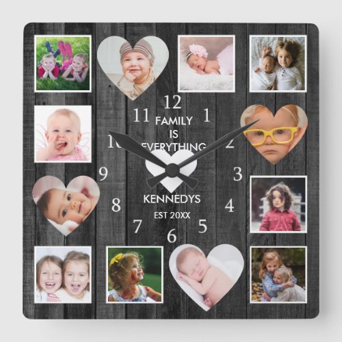 12 Photo Collage Family Quote Heart Black Wood  Square Wall Clock