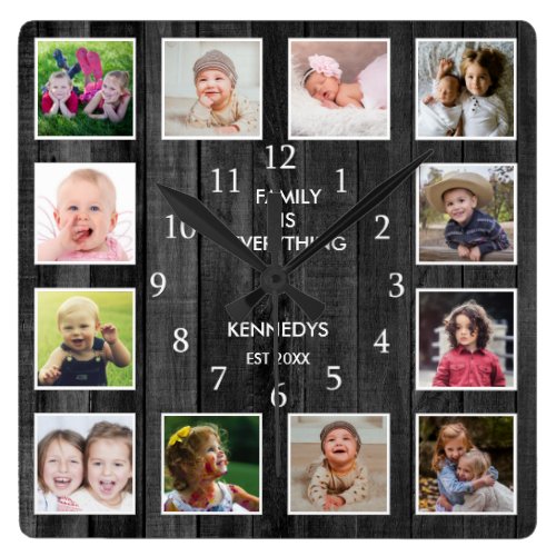 12 Photo Collage Family Quote Pallet Wood Black Square Wall Clock