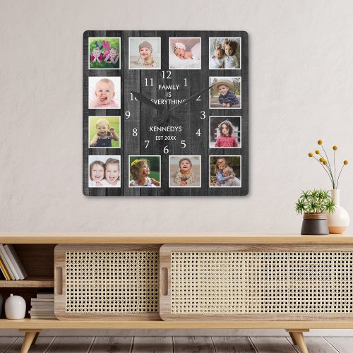 12 Photo Collage Family Quote Pallet Wood Black Square Wall Clock