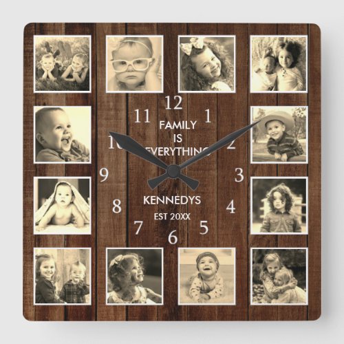 12 Photo Collage Family Quote Pallet Wood  Vintage Square Wall Clock