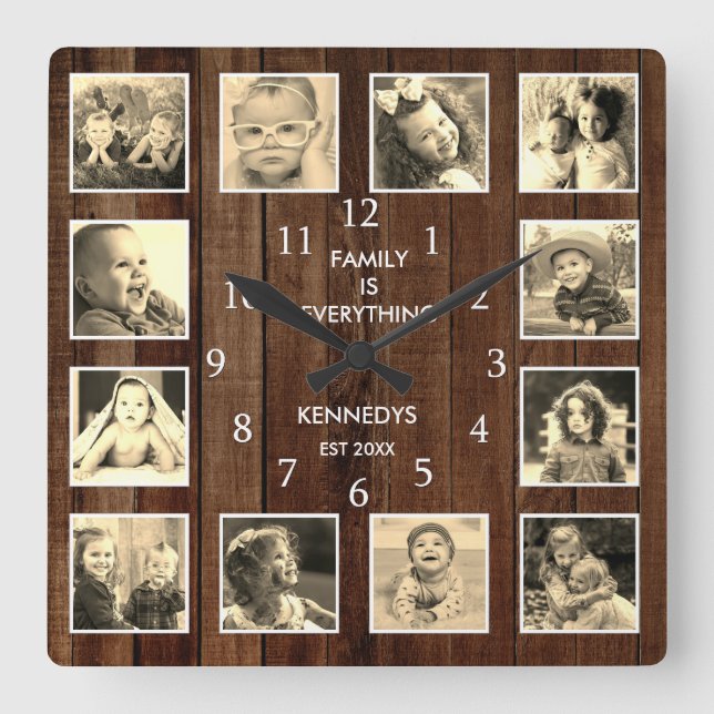 12 Photo Collage Family Quote Pallet Wood  Vintage Square Wall Clock (Front)