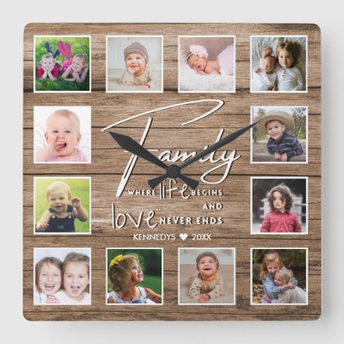 12 Photo Collage Family Quote Reclaimed Wood Square Wall Clock