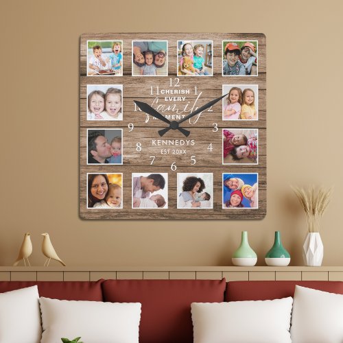 12 Photo Collage Family Quote Reclaimed Wood Square Wall Clock