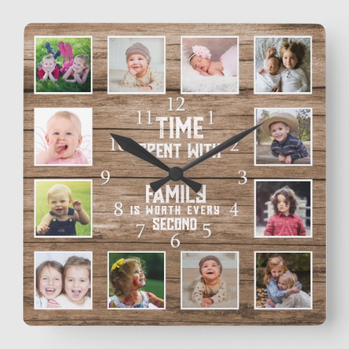12 Photo Collage Family Quote Reclaimed Wood Square Wall Clock
