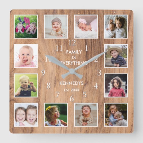 12 Photo Collage Family Quote Weathered Wood Square Wall Clock