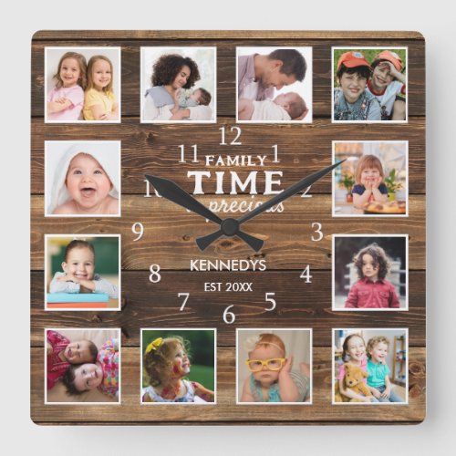 12 Photo Collage Family Time Quote Farmhouse Wood Square Wall Clock