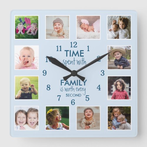 12 Photo Collage Family Time Quote Pastel Blue Square Wall Clock