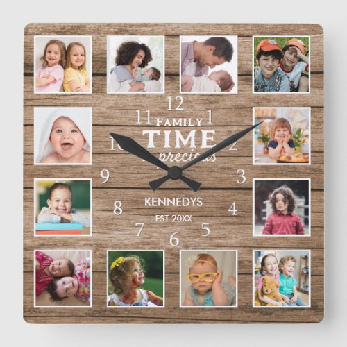 12 Photo Collage Family Time Quote Reclaimed Wood Square Wall Clock