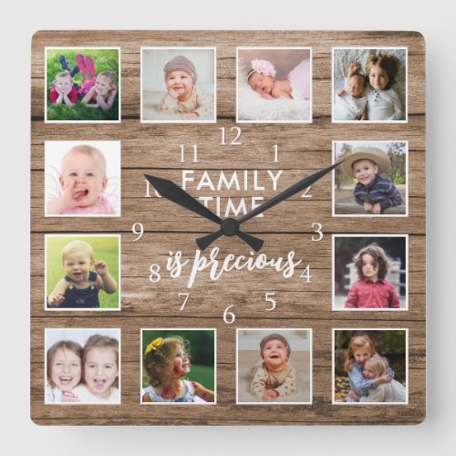12 Photo Collage Family Time Quote Rustic Wood Square Wall Clock