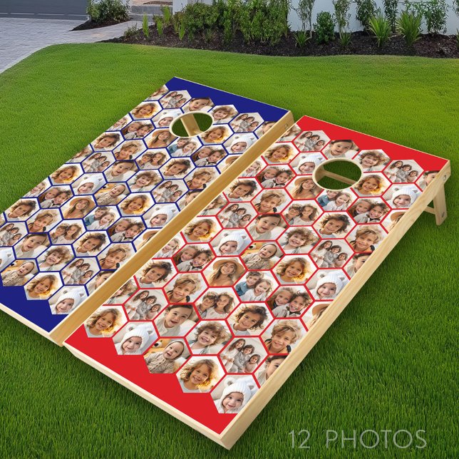12 Photo Collage - funky hexagon honeycomb pattern Cornhole Set (Custom Cornhole with Photo Collage)