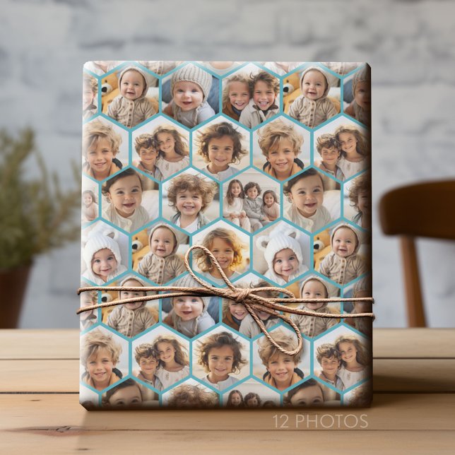 12 Photo Collage - funky hexagon honeycomb pattern Wrapping Paper (Custom Photo Collage Wrapping Paper - All Occasion)