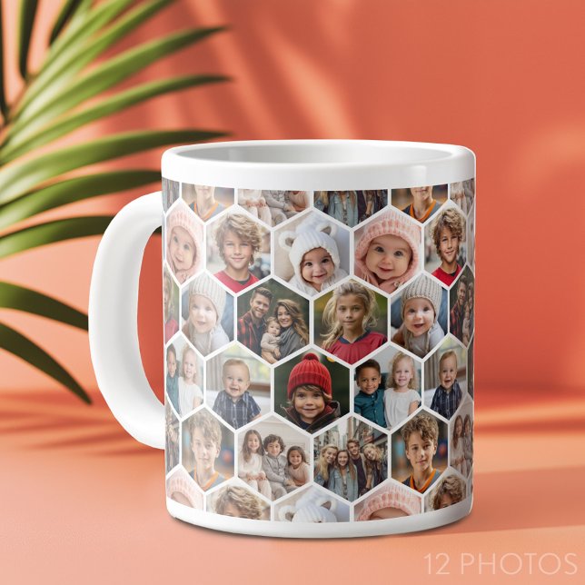 12 Photo Collage - funky hexagon pattern Giant Coffee Mug (12 photo personalized coffee mug)