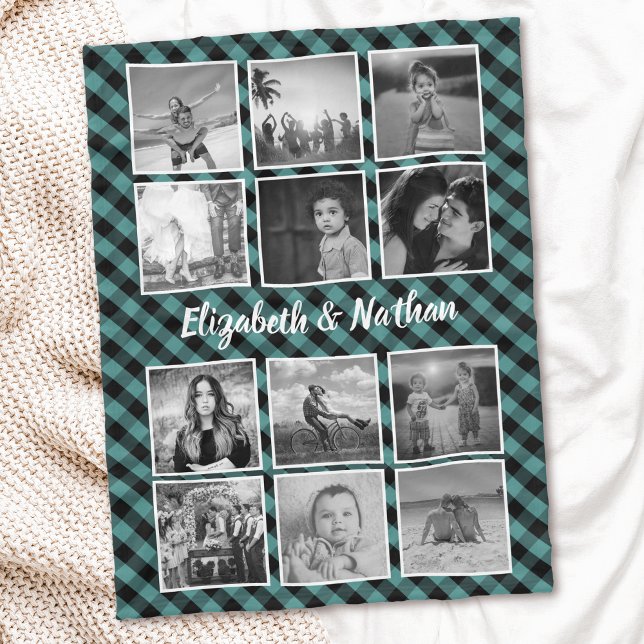 12 Photo Collage Gingham Checkered Family Keepsake Fleece Blanket (Creator Uploaded)