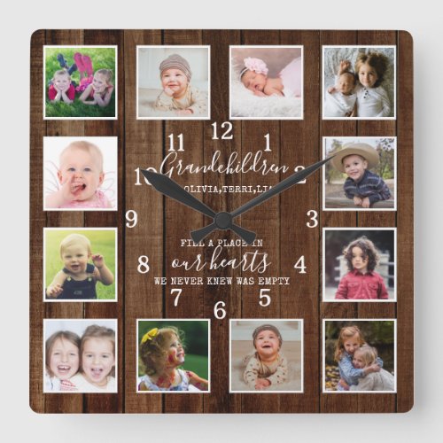 12 Photo Collage Grandchildren Quote Pallet Wood Square Wall Clock