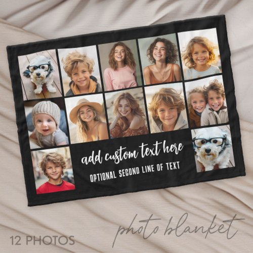 12 Photo Collage Grid - 2 Text boxes - black white Fleece Blanket