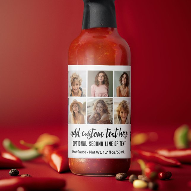12 Photo Collage Grid - 2 Text boxes - black white Hot Sauces (Custom Hot Sauce with Photo Collage)