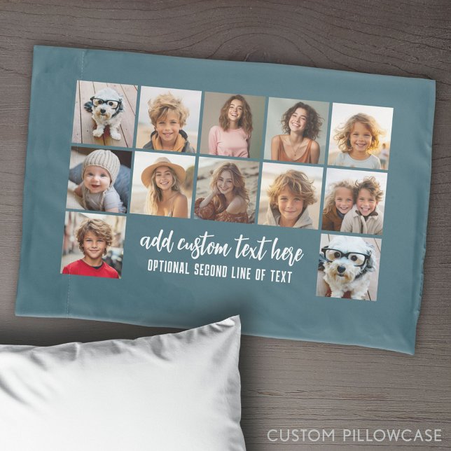 12 Photo Collage Grid - 2 Text boxes - blue white Pillow Case (Create Your Own Photo Collage Pillowcase)