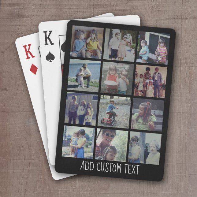 12 Photo Collage - grid with area for text - black Poker Cards (12 Photo playing cards -- personalize with your name or other text)