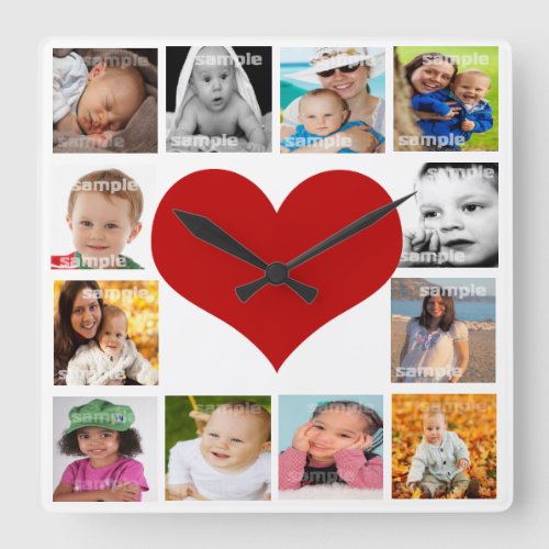 12 Photo Collage heart Unique Custom Personalized Square Wall Clock